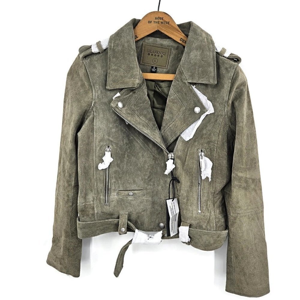 New Blank NYC Suede Moto Jacket Womens S Rosemary Green Leather Crop Blank NYC - Picture 2 of 7